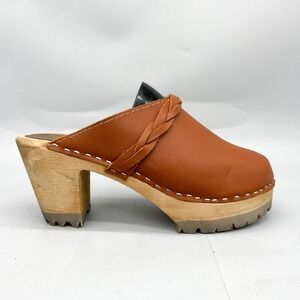 MIA Womens 37 7 Elsa Swedish Clogs Cognac Leather Braided Wooden Heel Mules Shoe